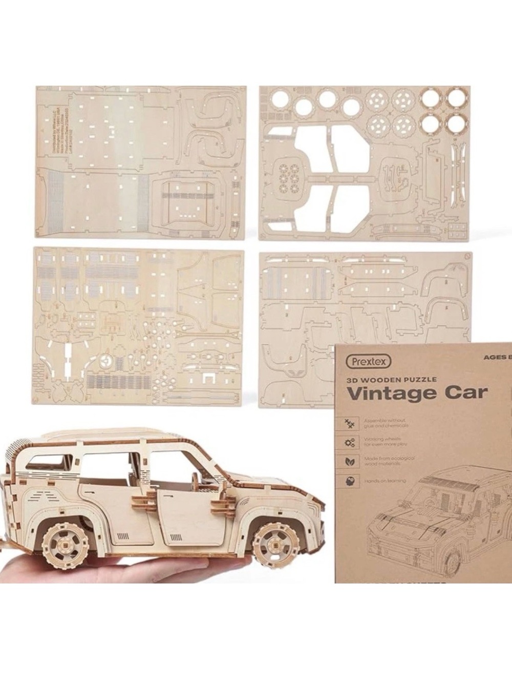 Prextex 3D Wooden Puzzle Vintage Car - Natural Wood 122 pieces